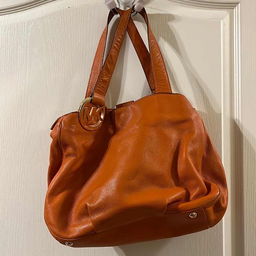Orange Michael Kors Shoulder Bag Large Slouchy Gold Hardware Leather Handbag